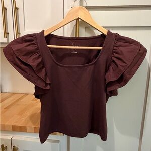 a new day Burgundy Ruffle Sleeve Scoop Neck Crop Top